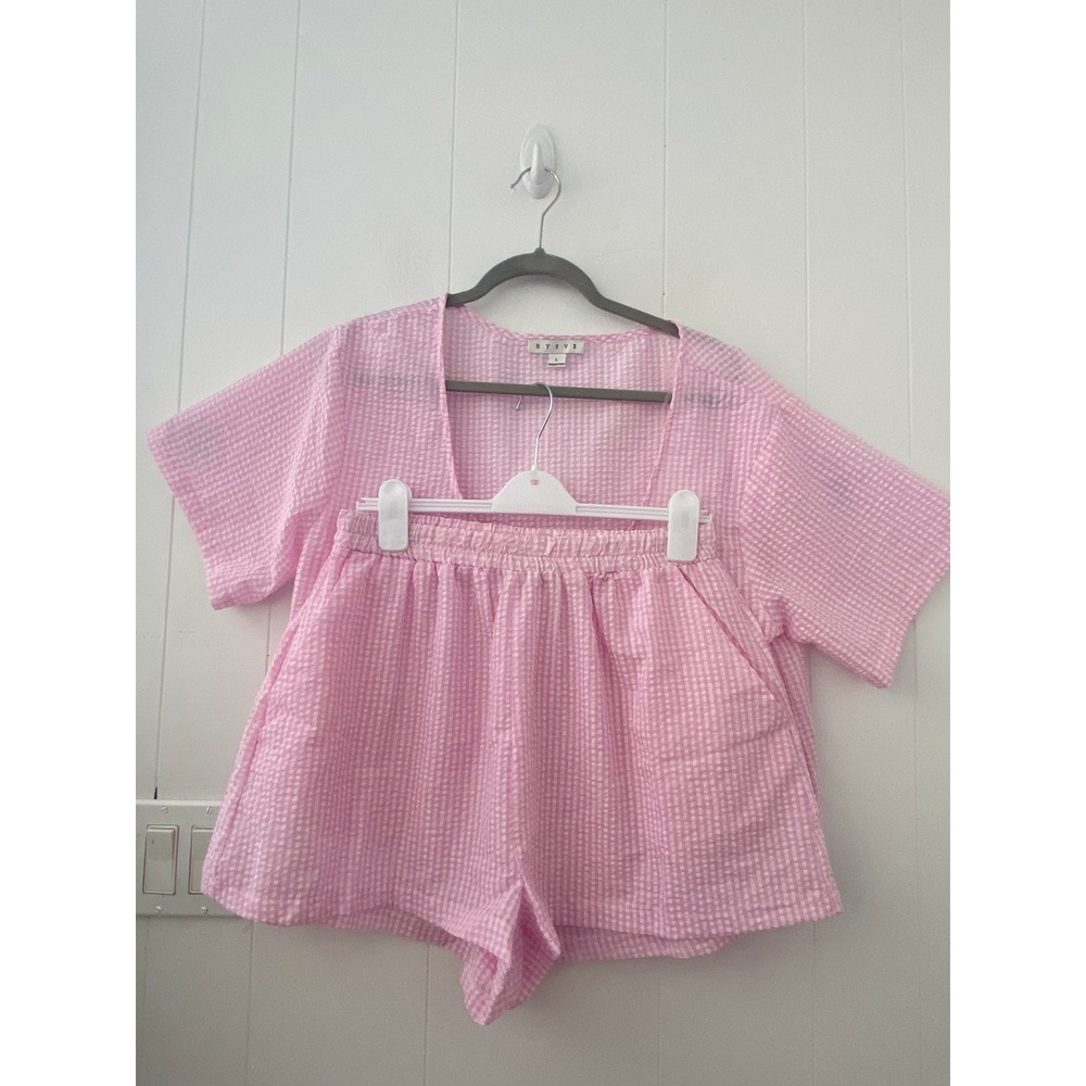 Hyfve‎ Pink Gingham Seersucker 2 Piece Set Tie Front Top & Shorts Large